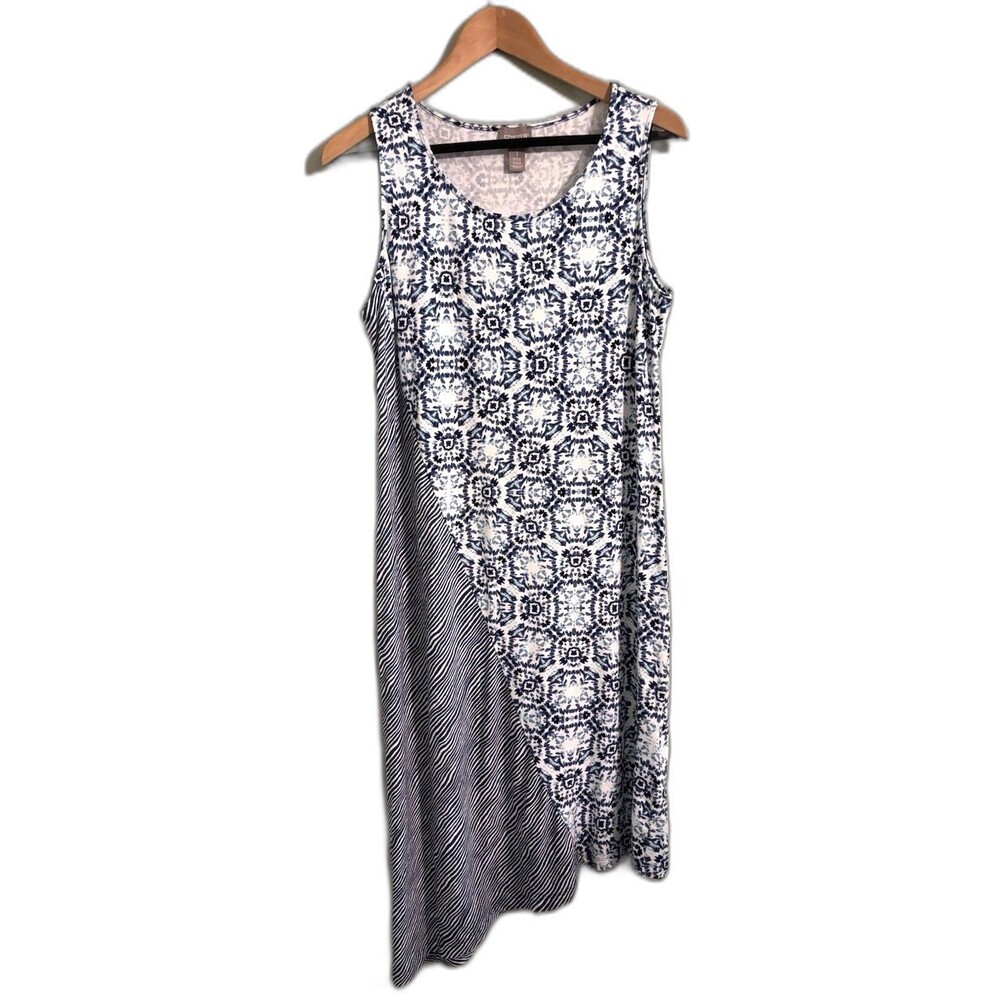 Chicos Jeanius Harmony Midi Dress Stretch Sleeveless Asymmetric Coastal Beach